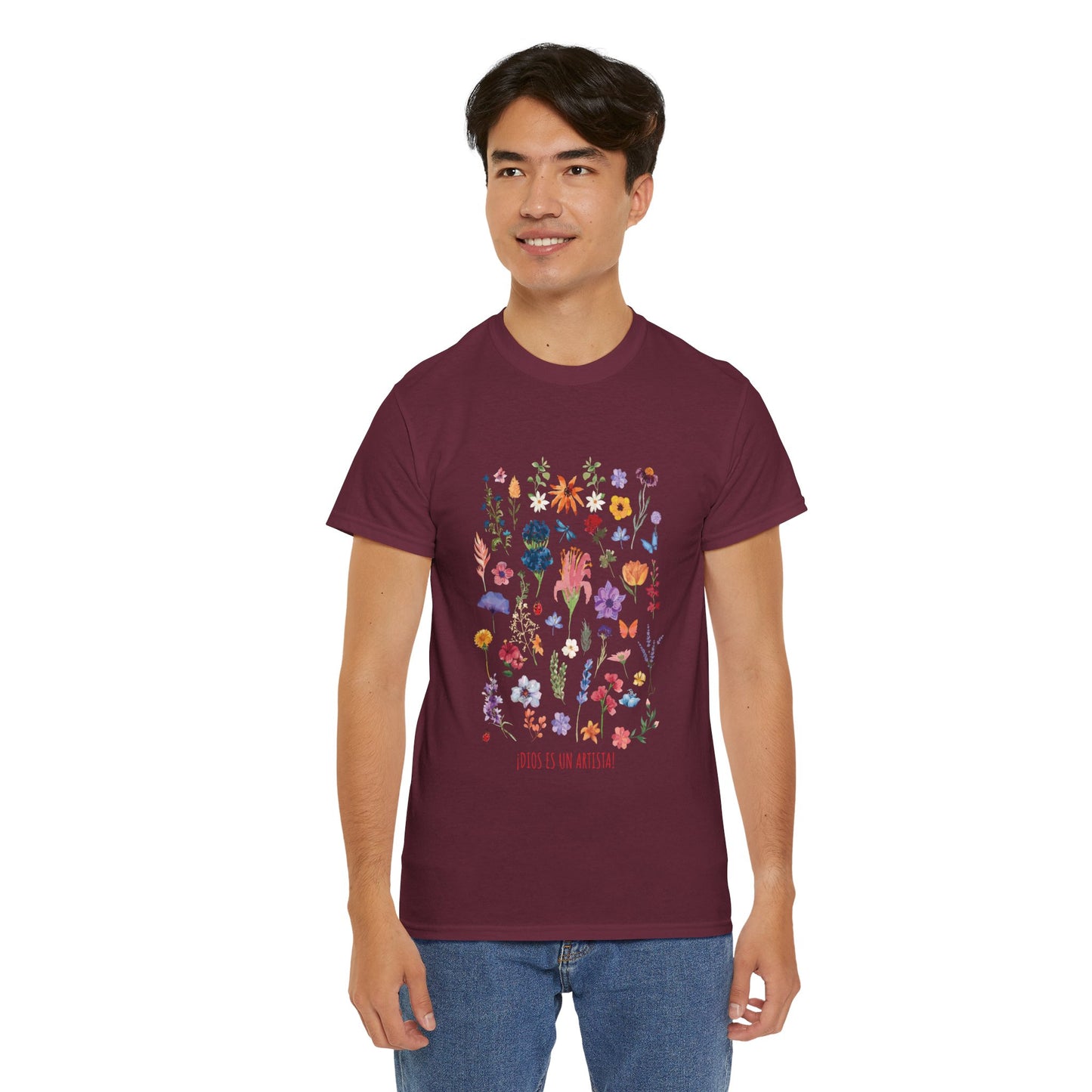 Camiseta playera con mensaje bíblico cristiano, unisex 100% algodón grueso, diseño original floral. "Dios es un artista". Amplia variedad