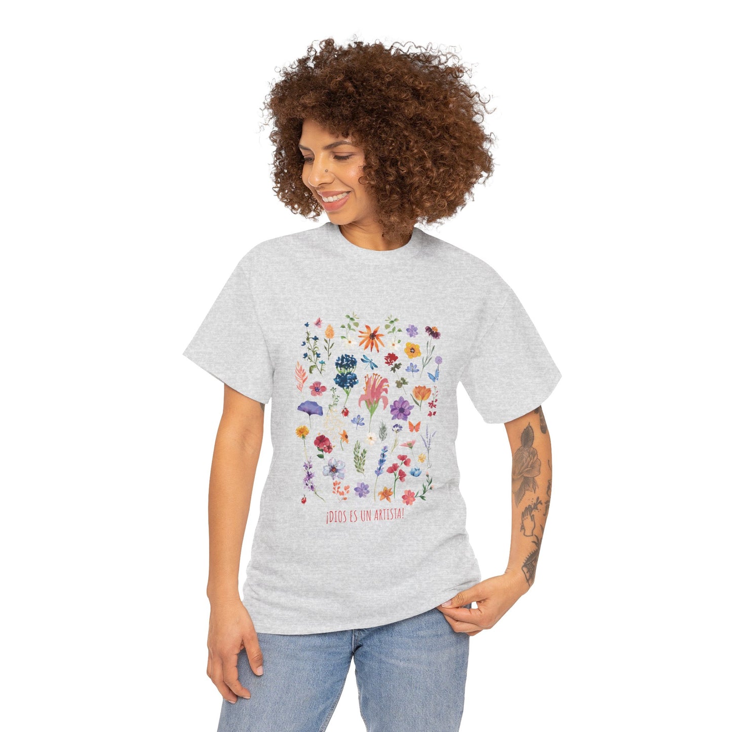 Camiseta playera con mensaje bíblico cristiano, unisex 100% algodón grueso, diseño original floral. "Dios es un artista". Amplia variedad