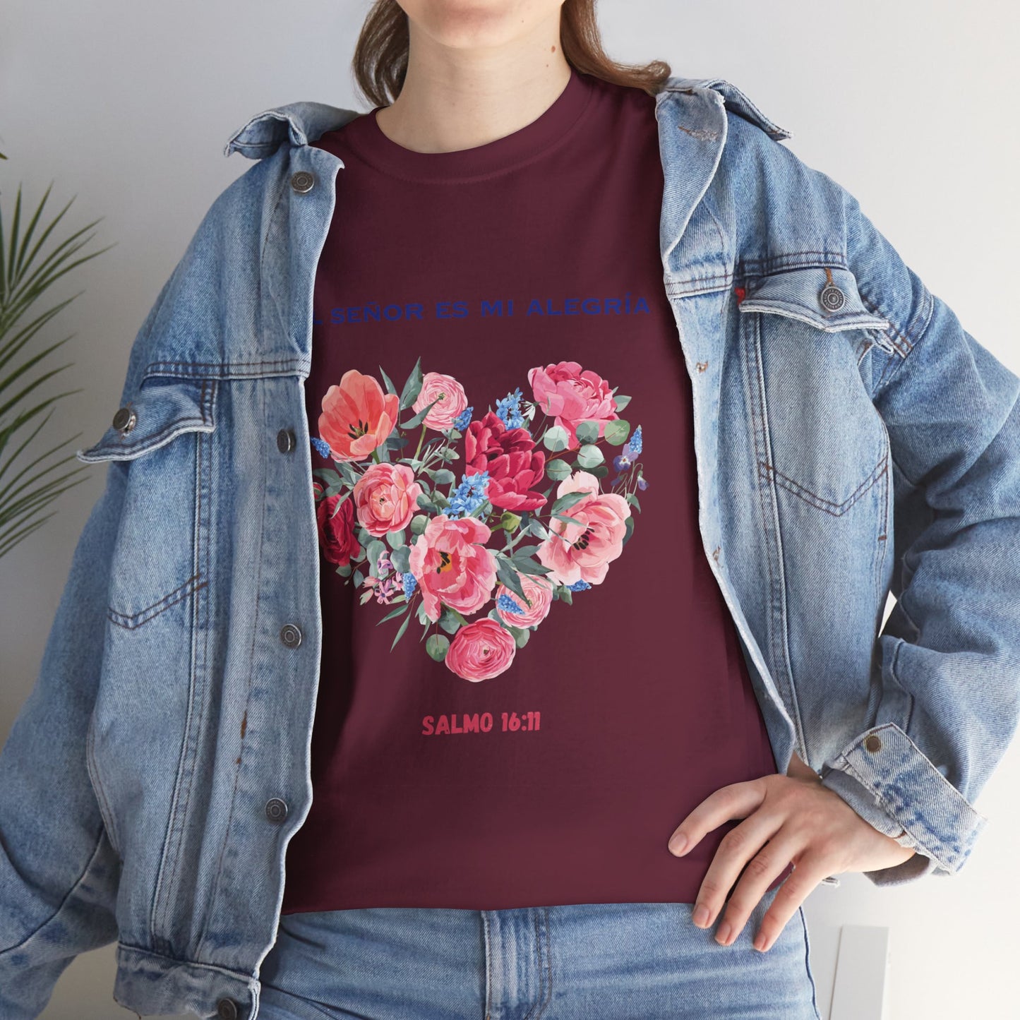 Camiseta playera con mensaje bíblico cristiano, diseño original corazón floral, unisex 100% algodón grueso "Salmo 16:11". Amplia variedad
