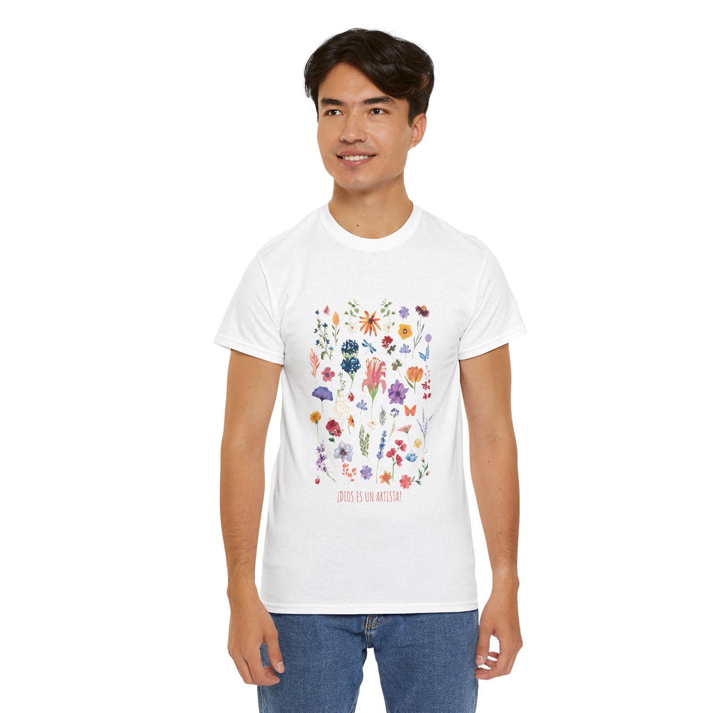 Camiseta playera con mensaje bíblico cristiano, unisex 100% algodón grueso, diseño original floral. "Dios es un artista". Amplia variedad
