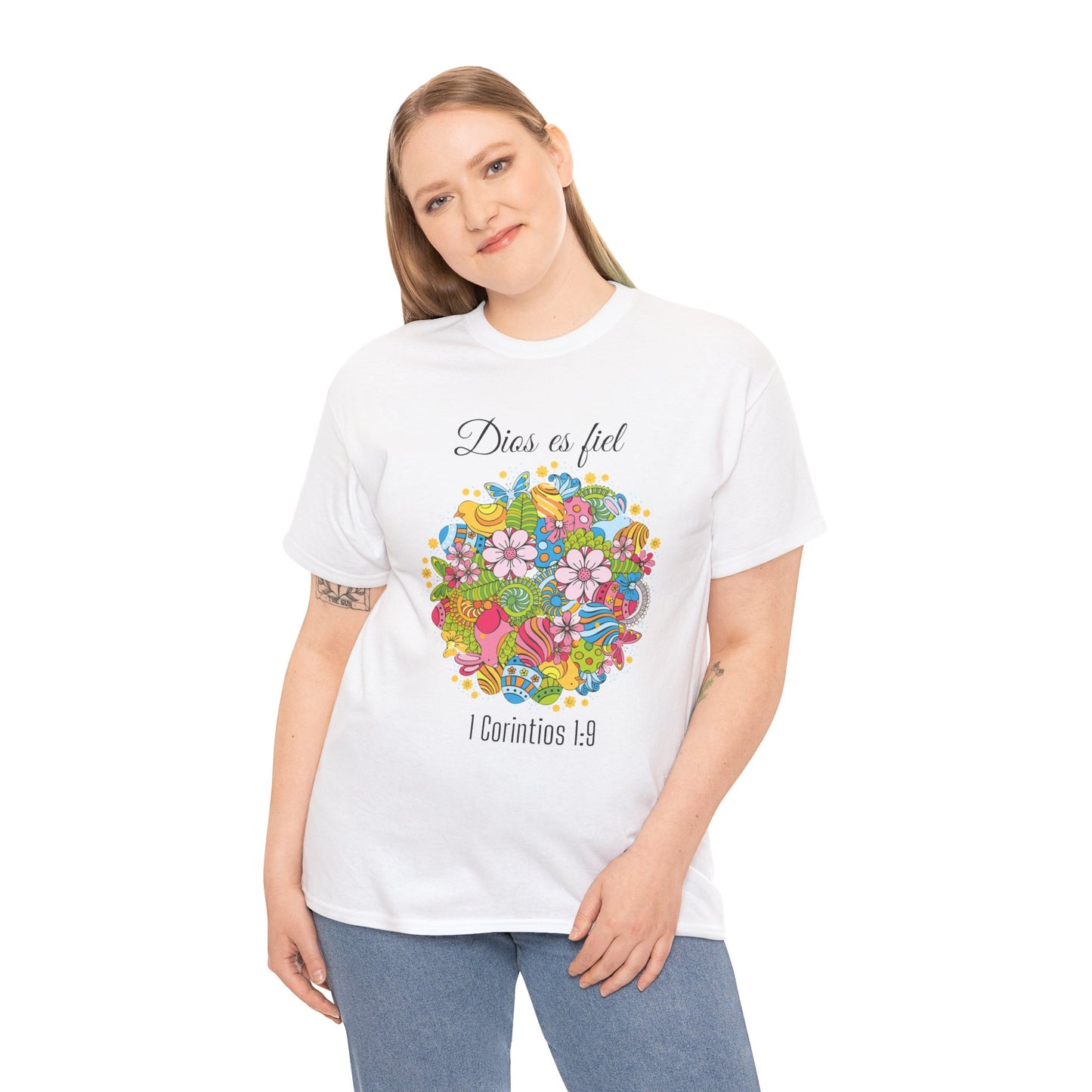 Camiseta playera con mensaje bíblico cristiano, diseño original floral, unisex 100% algodón grueso "Dios es fiel", amplia variedad