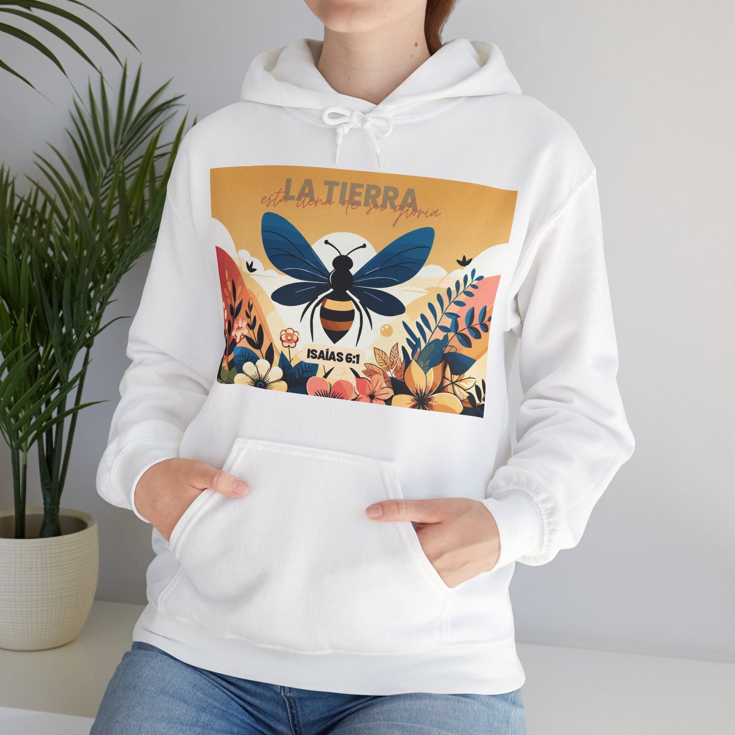 Sudadera / hoody con mensaje bíblico cristiano, unisex con capucha, diseño original abeja, "La tierra está llena de su gloria"