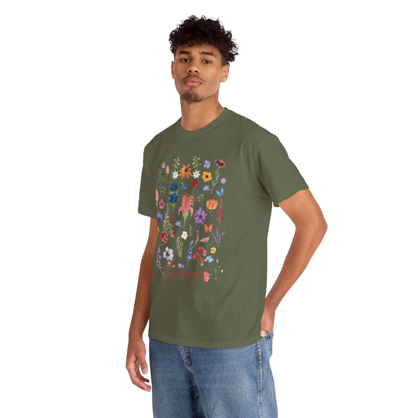 Camiseta playera con mensaje bíblico cristiano, diseño original floral, unisex 100% algodón grueso "¡Dios es un artista!", amplia variedad