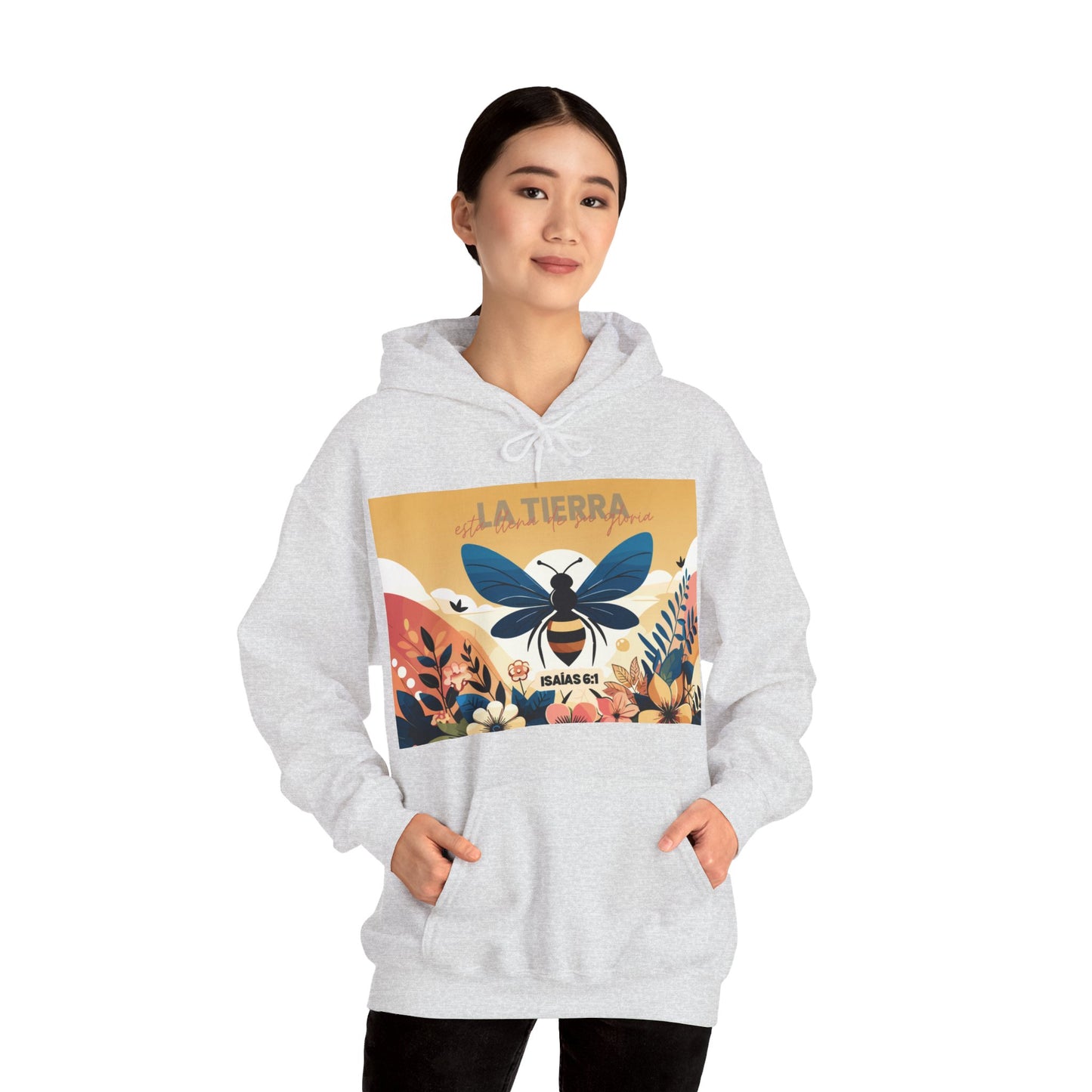 Sudadera / hoody con mensaje bíblico cristiano, unisex con capucha, diseño original abeja, "La tierra está llena de su gloria"