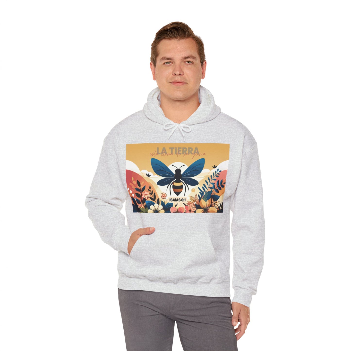 Sudadera / hoody con mensaje bíblico cristiano, unisex con capucha, diseño original abeja, "La tierra está llena de su gloria"