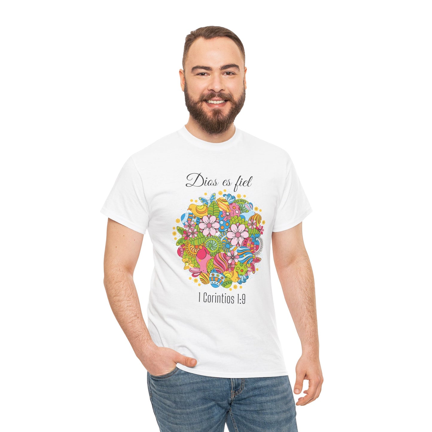 Camiseta playera con mensaje bíblico cristiano, diseño original floral, unisex 100% algodón grueso "Dios es fiel", amplia variedad