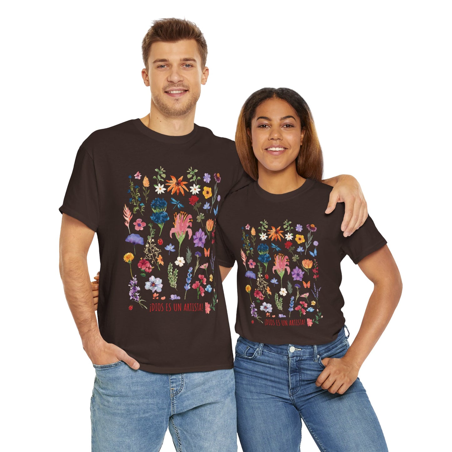 Camiseta playera con mensaje bíblico cristiano, diseño original floral, unisex 100% algodón grueso "¡Dios es un artista!", amplia variedad