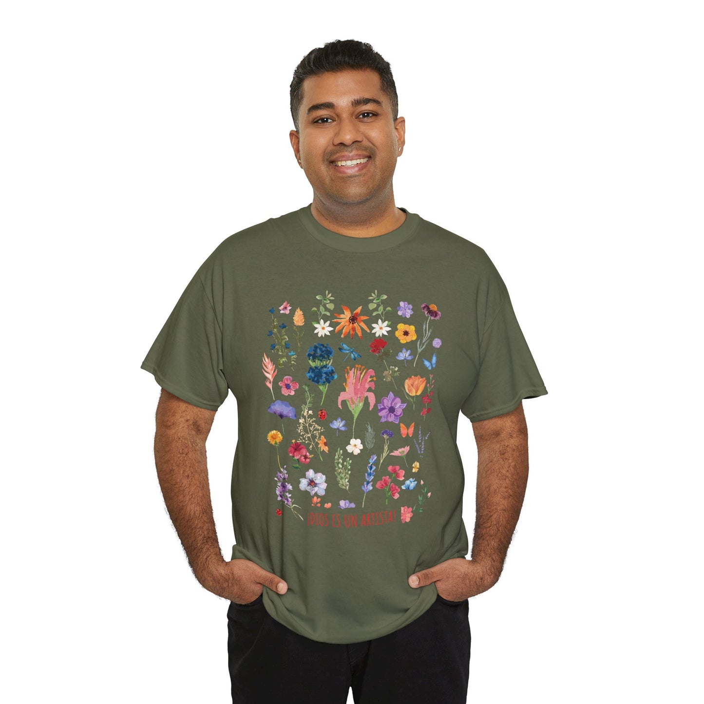 Camiseta playera con mensaje bíblico cristiano, diseño original floral, unisex 100% algodón grueso "¡Dios es un artista!", amplia variedad